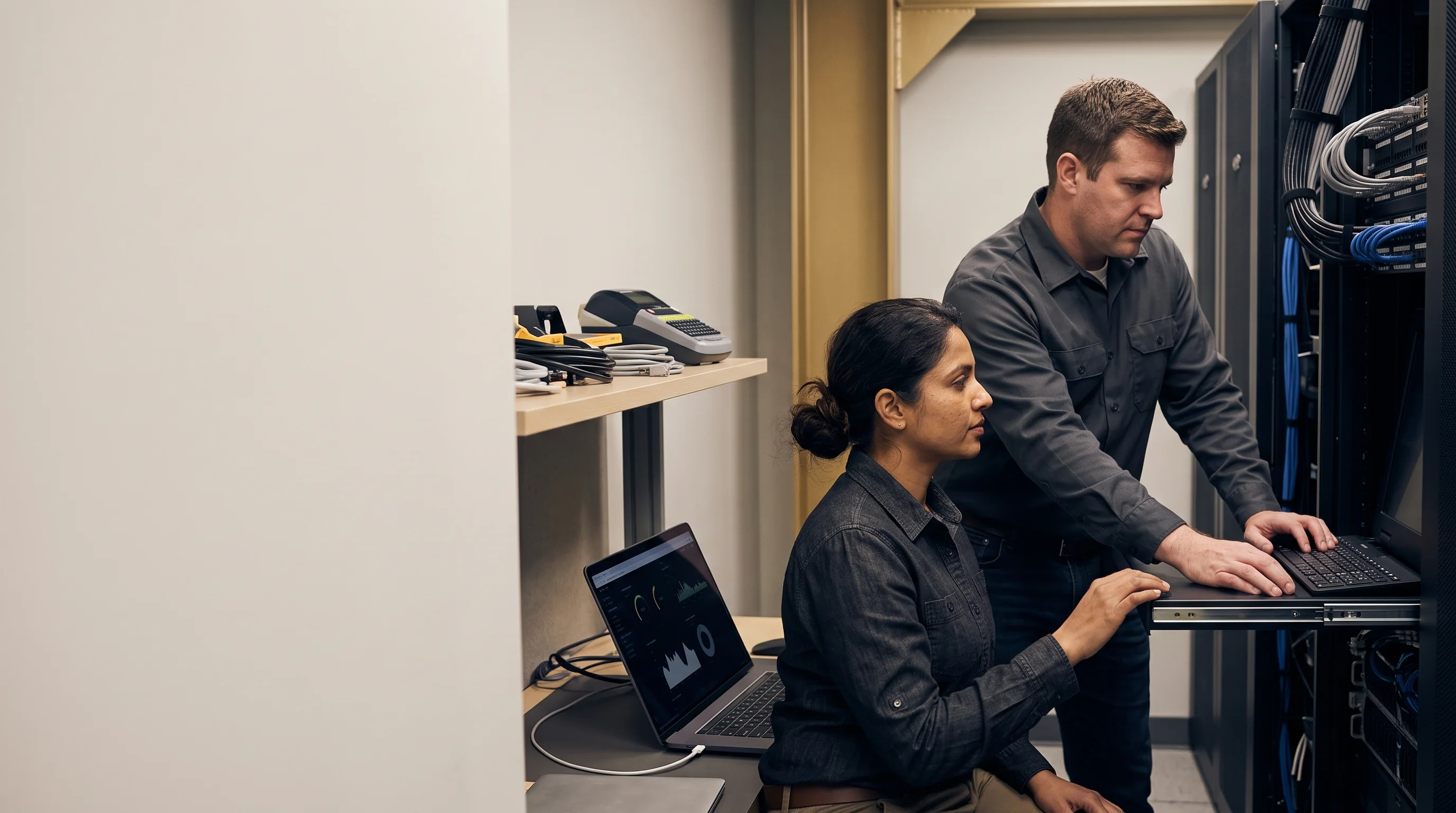 Infrastructure engineers reviewing a client environment beside a server rack