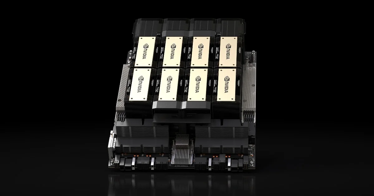 Official NVIDIA product render of an HGX H200 eight-GPU baseboard